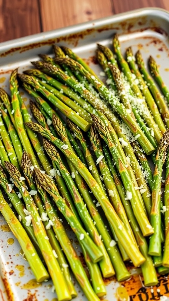 Crispy Oven-Baked Asparagus at 400°F Crispy baked asparagus spears garnished with Parmesan cheese on a baking sheet.